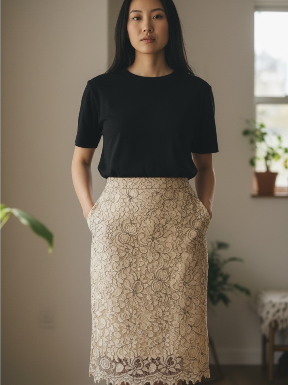 LOFT Cream and Brown Floral Pencil Skirt